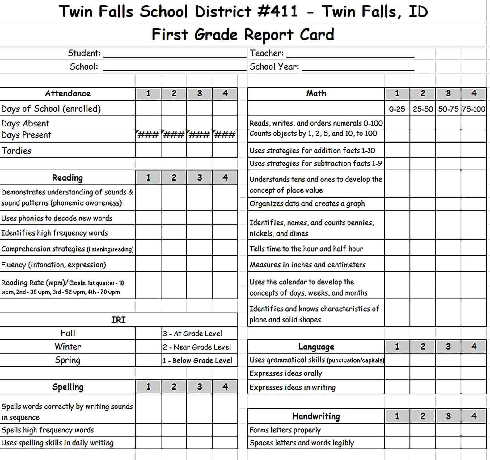 Sample First Grade Report Card Template Excel Format for