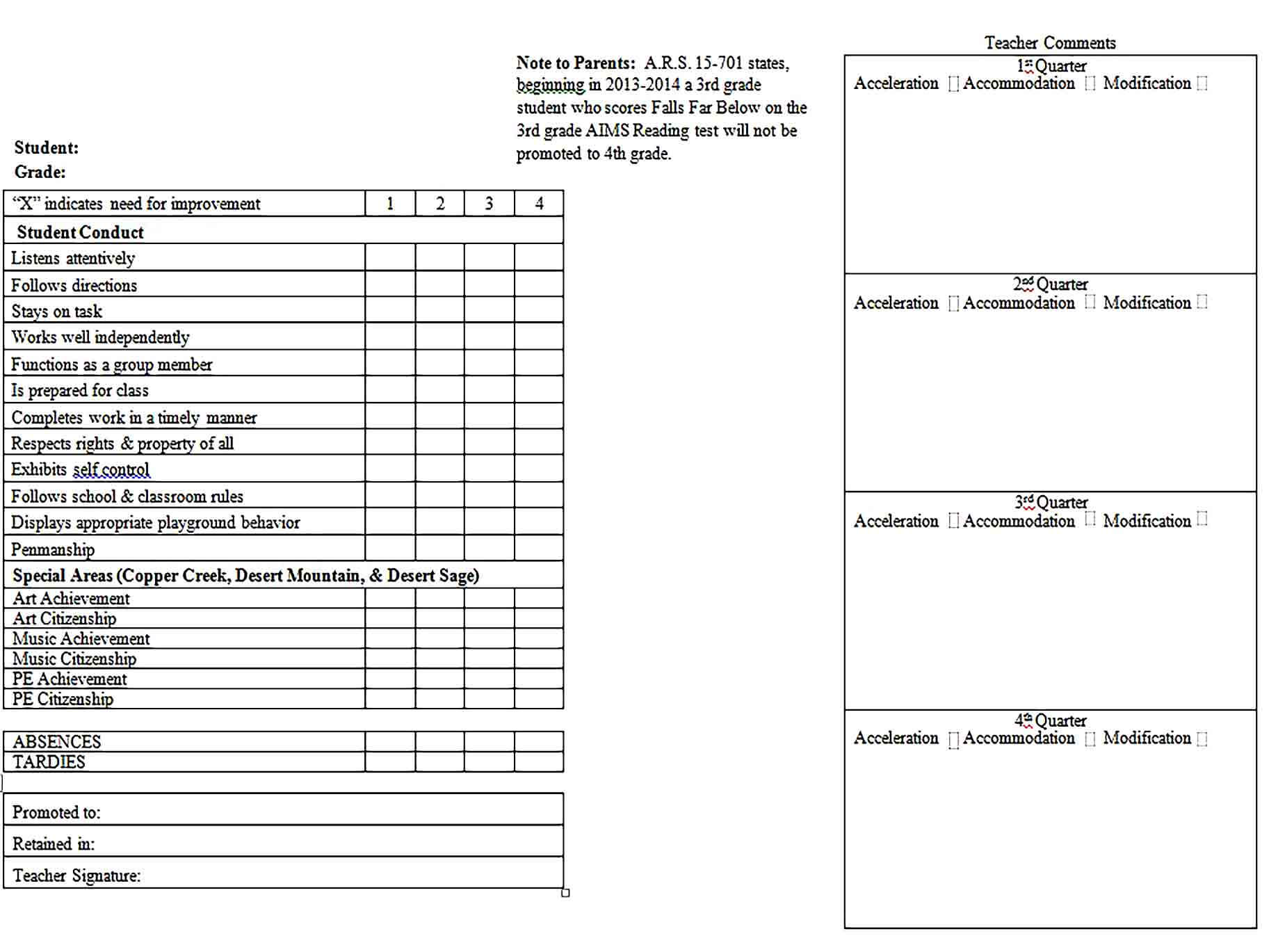 Sample Grade K Report Card Template Final Draft PDF Format