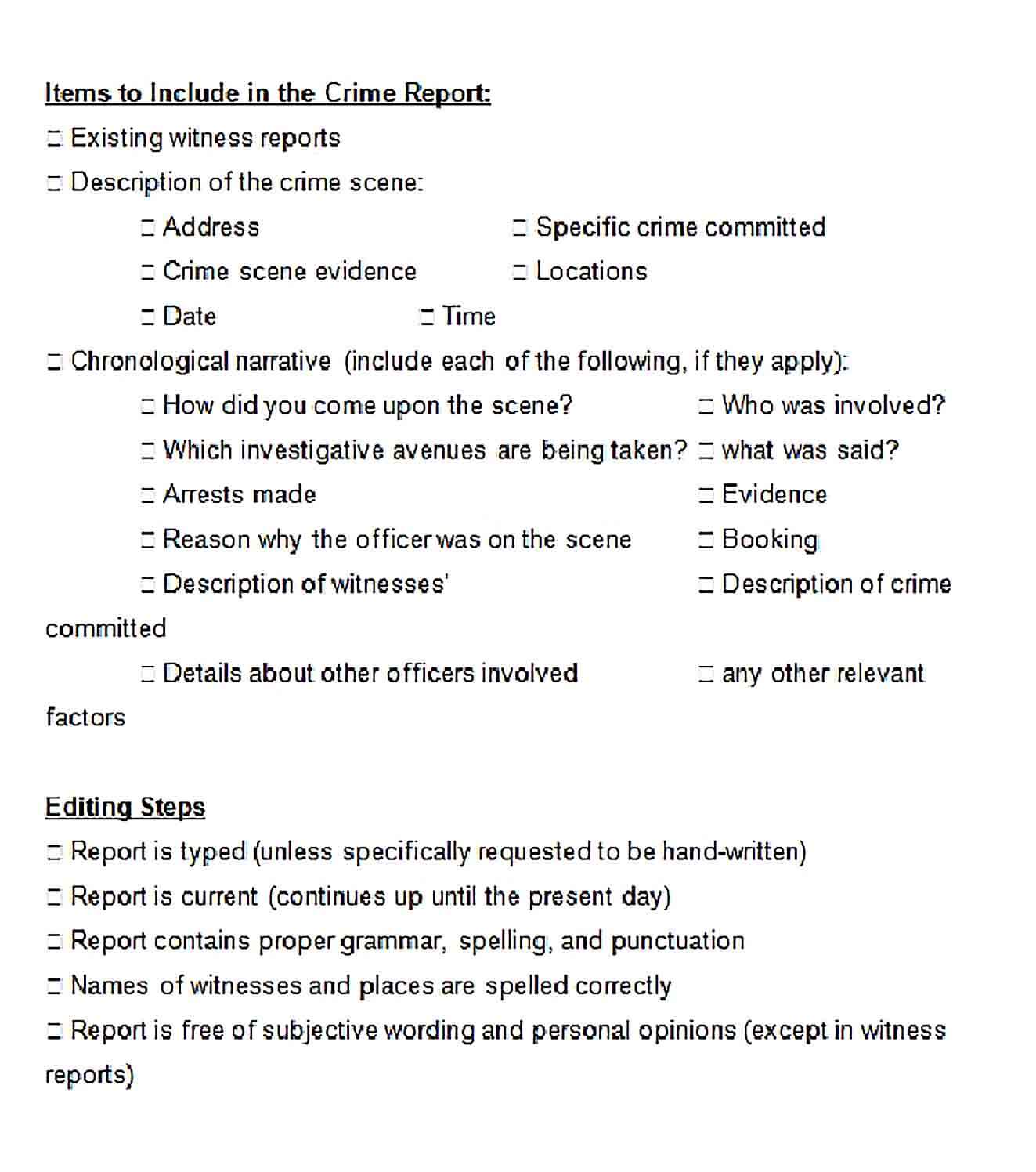 Sample Items to Include in a Crime Report Template 2