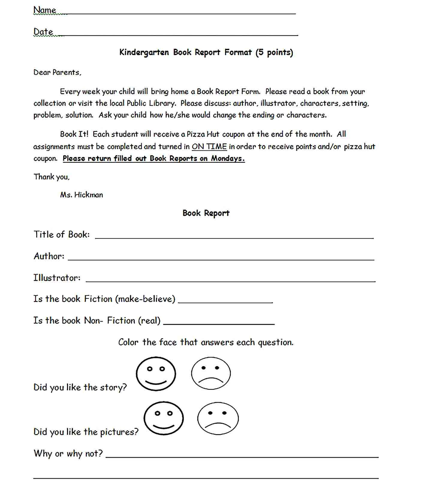 Sample Kindergarten Book Report