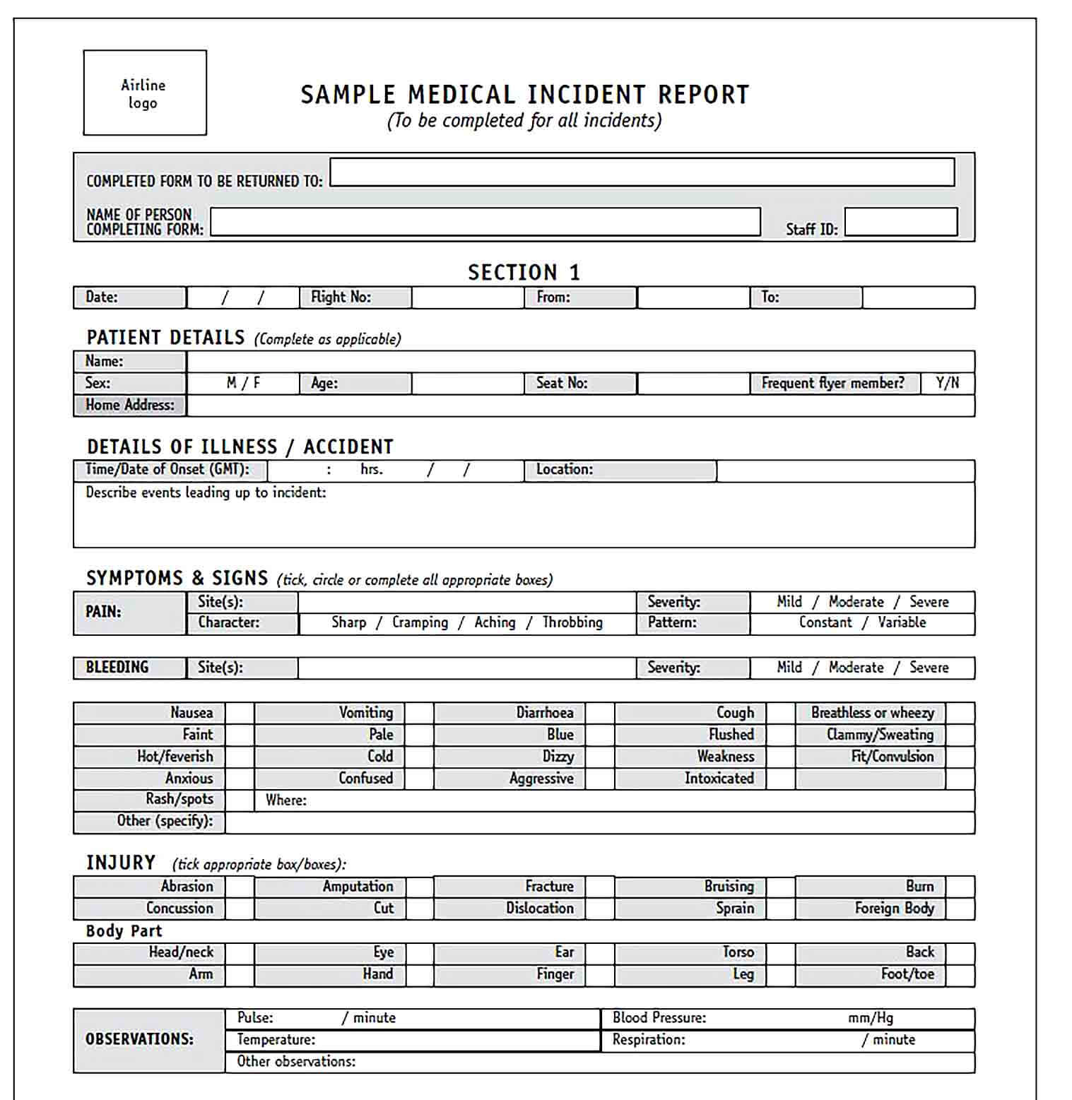 Sample Medical Incident Report Form Template in PDF