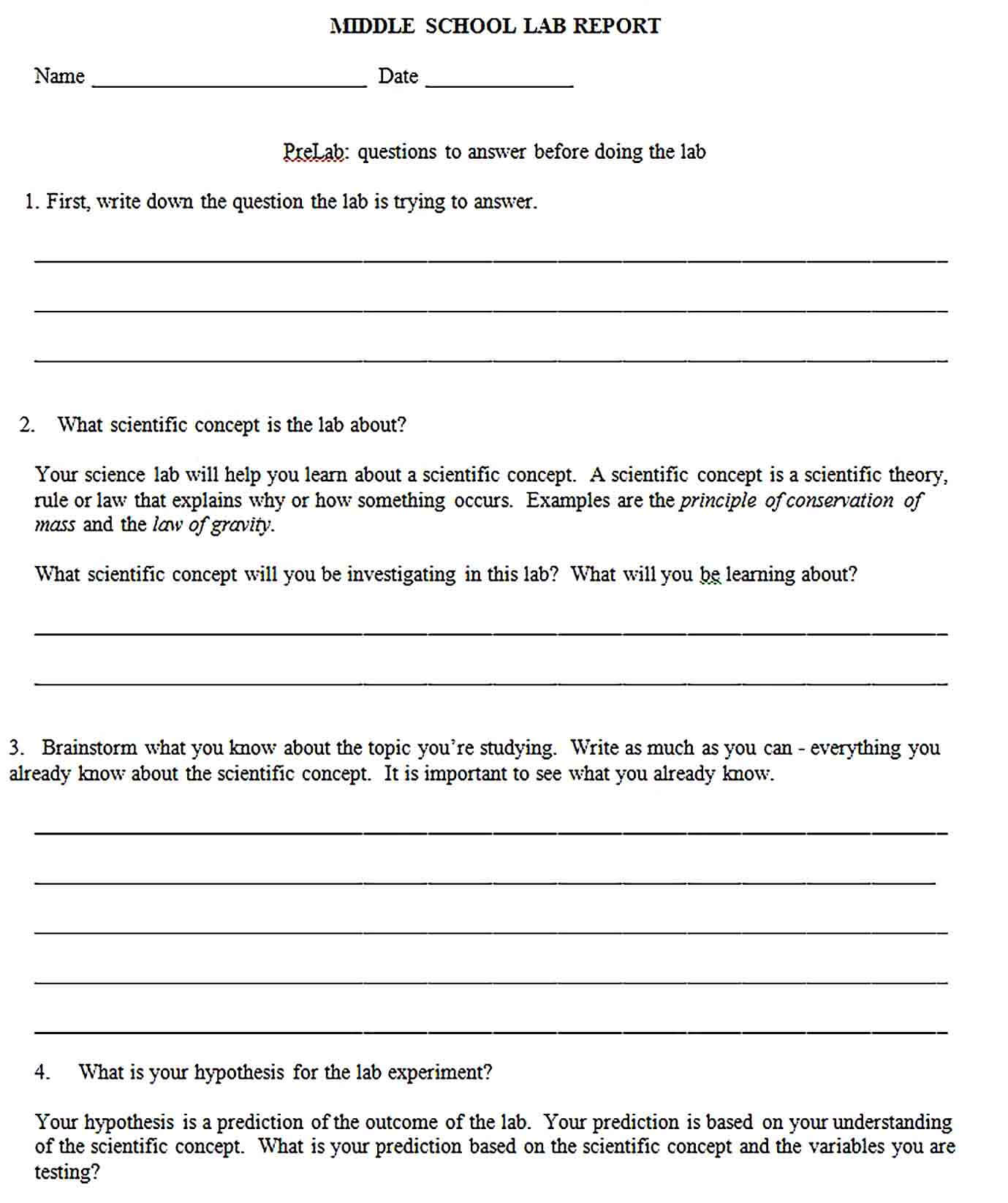Sample Middle School Lab Report Template