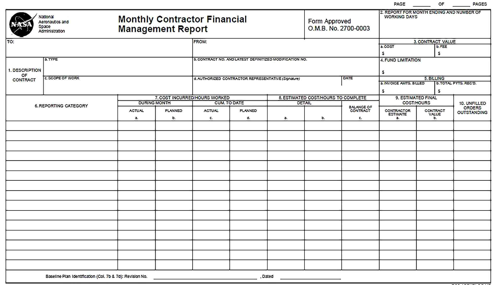 Sample Monthly Contractor Financial Management Report