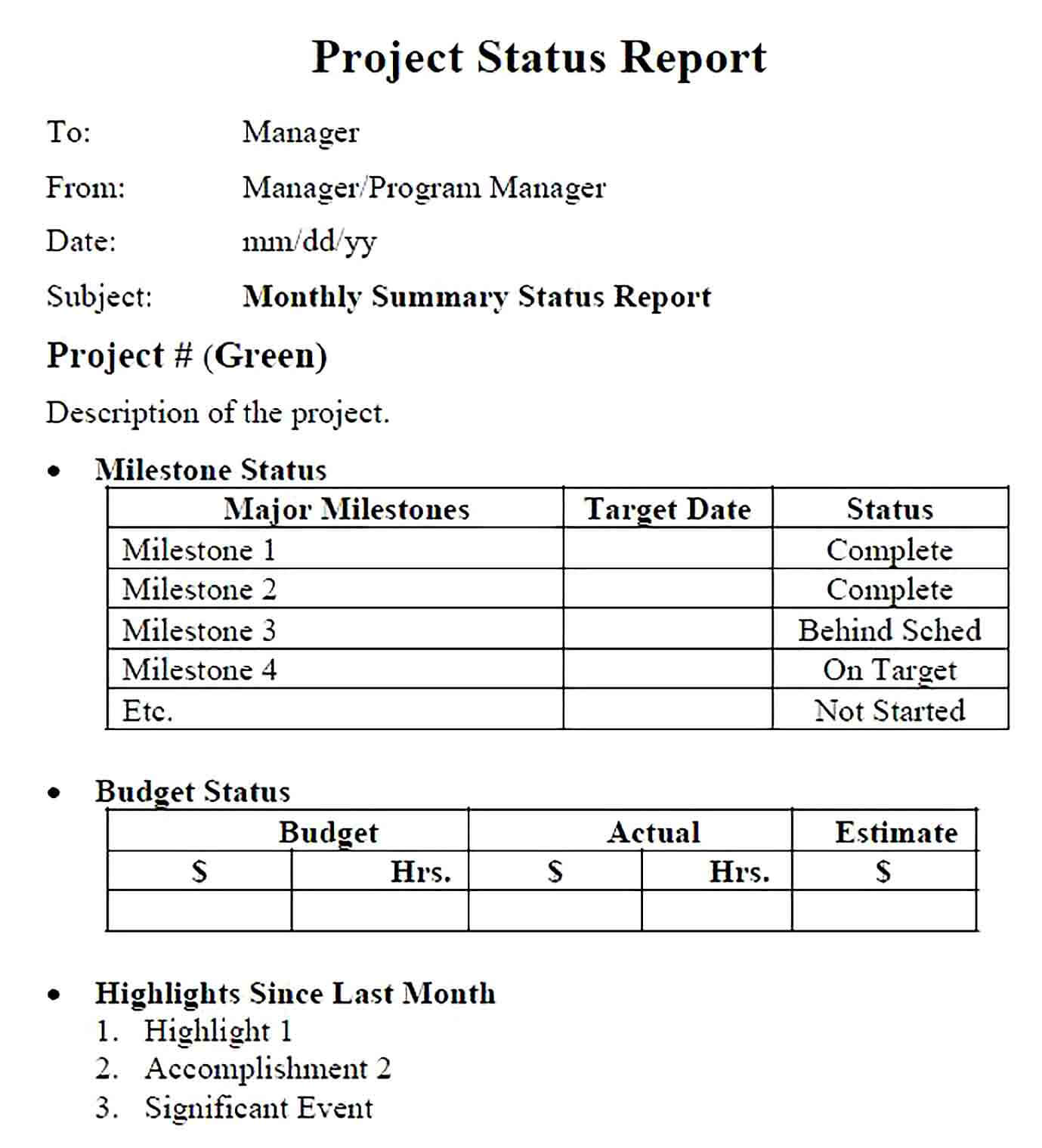 Sample Multiple Project Status Report Example