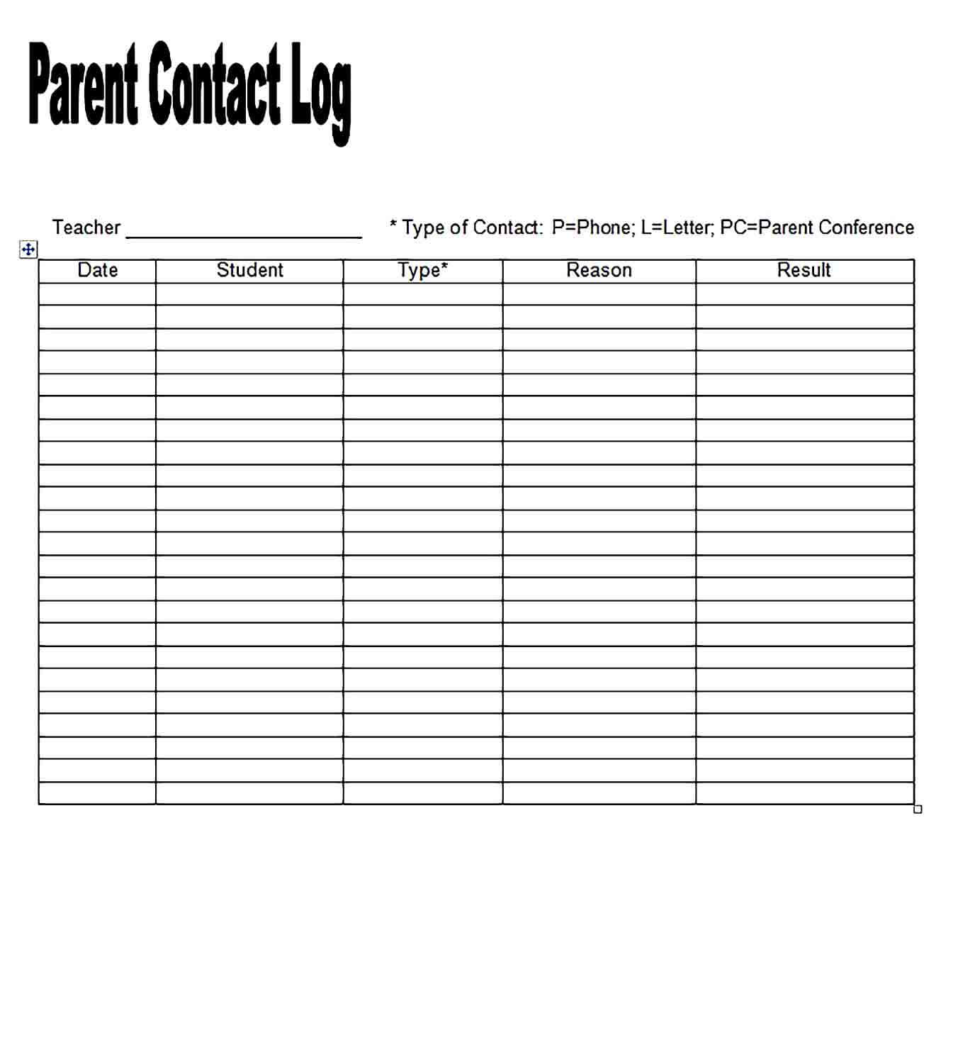 Sample Parent Contact Log Template