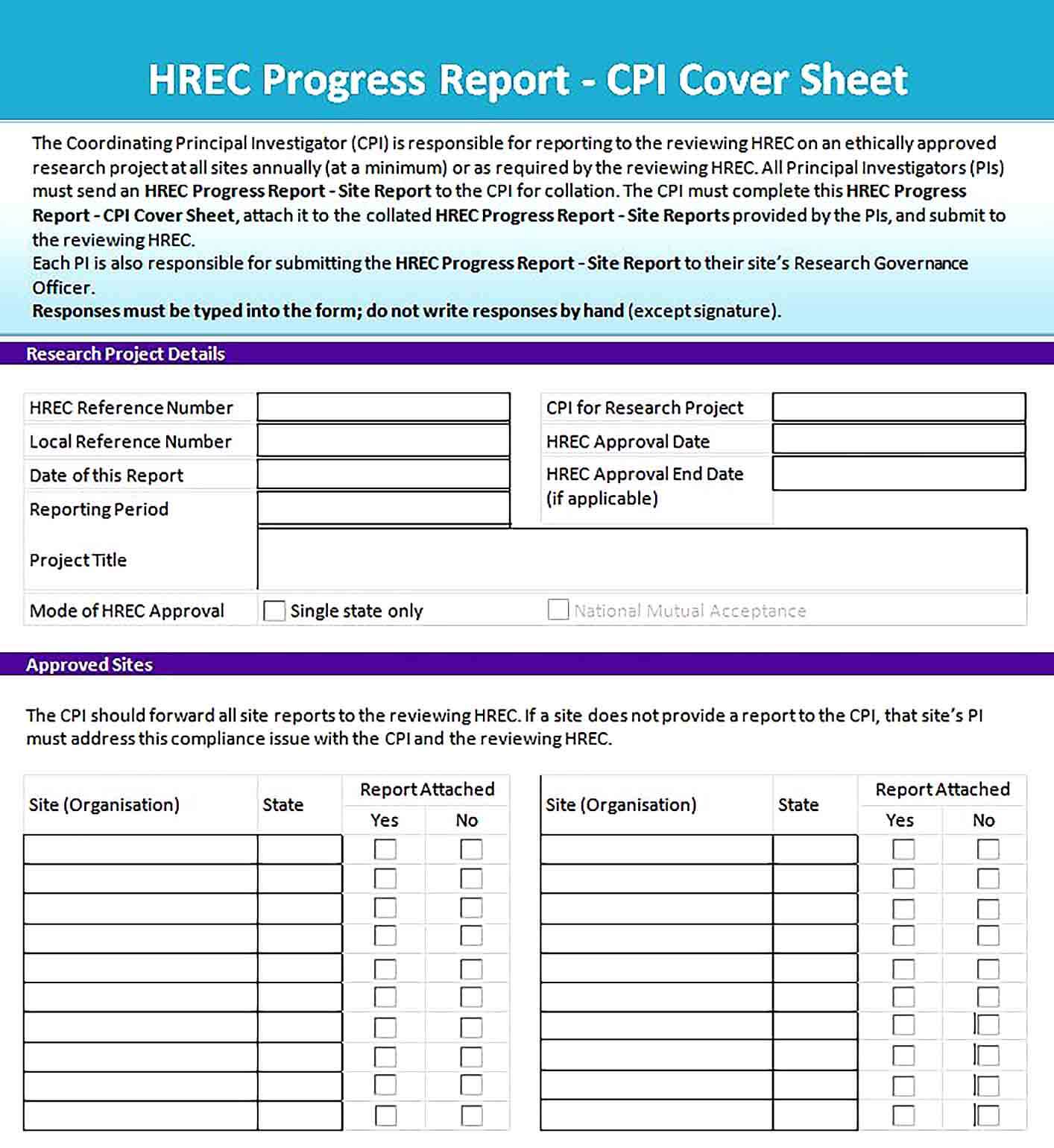 Sample Performance Progress Report Cover Page Sheet