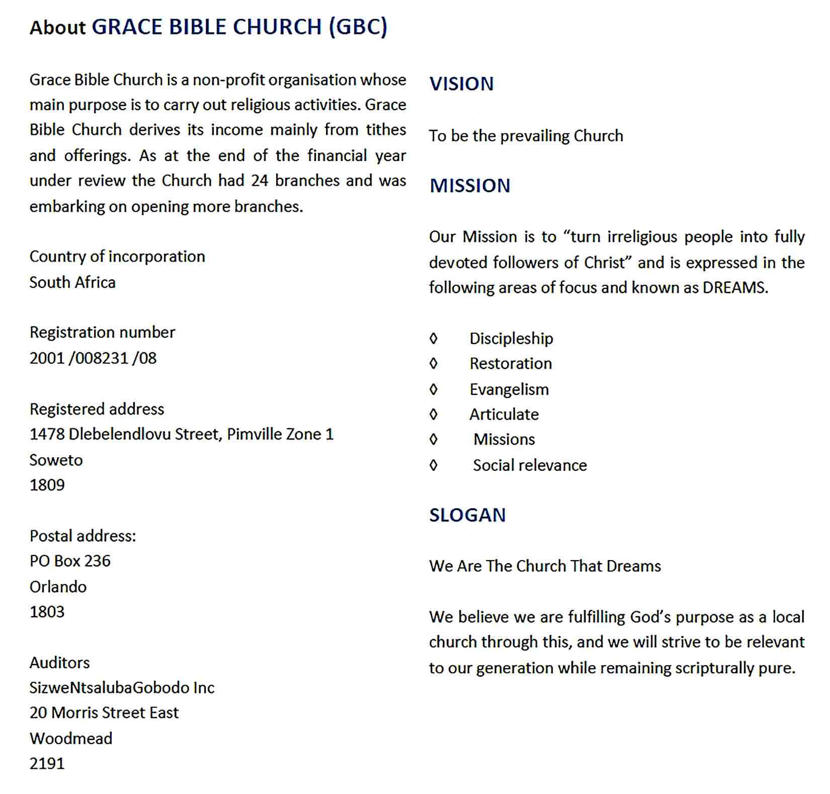 Sample Printable Church Annual Report