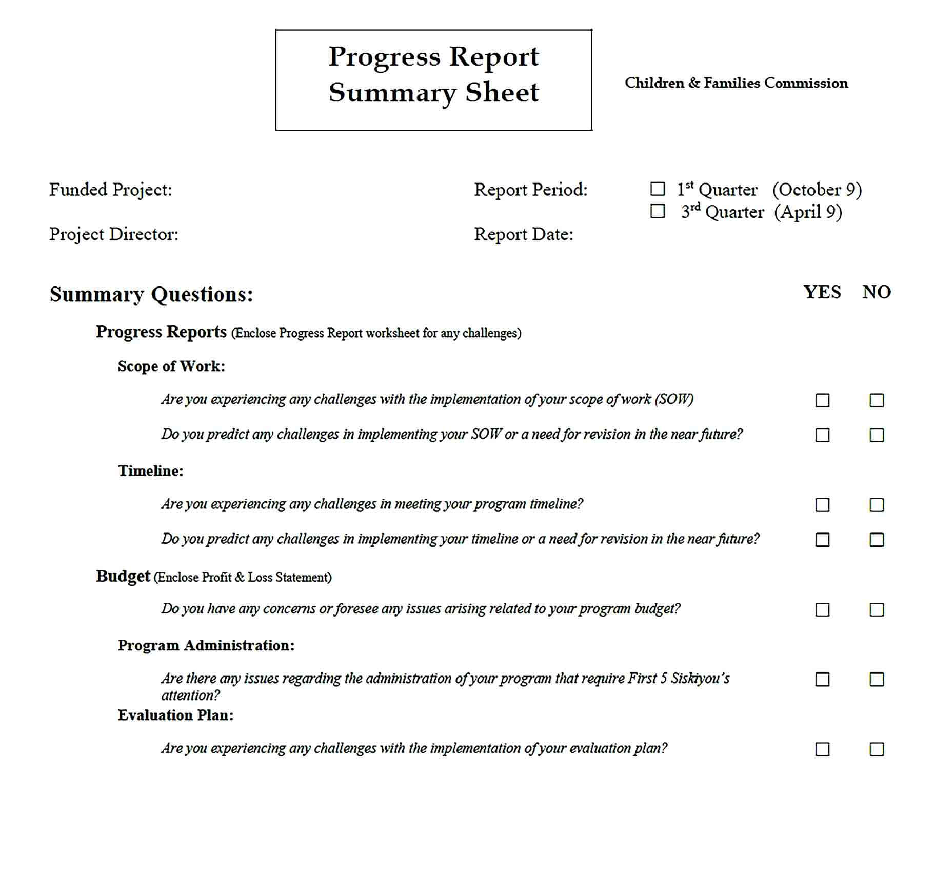 Sample Progress Report Summary Sheet