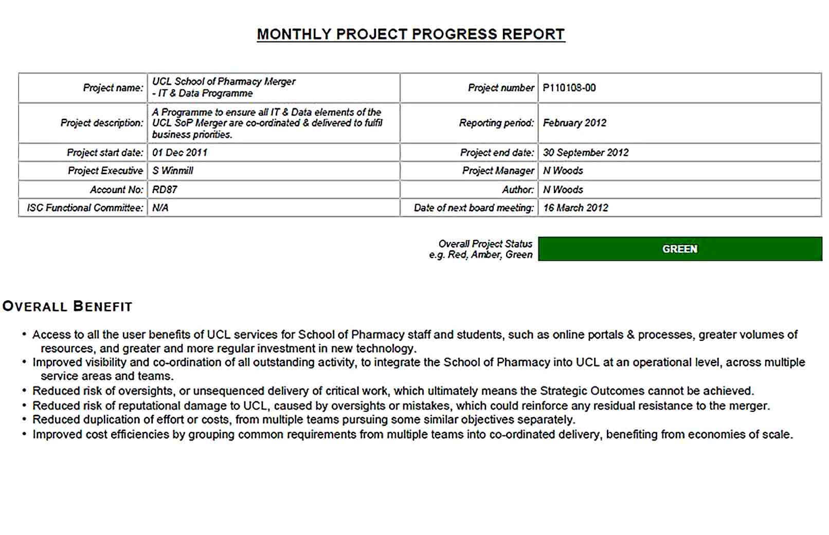 Sample Project Monthly Progress Report
