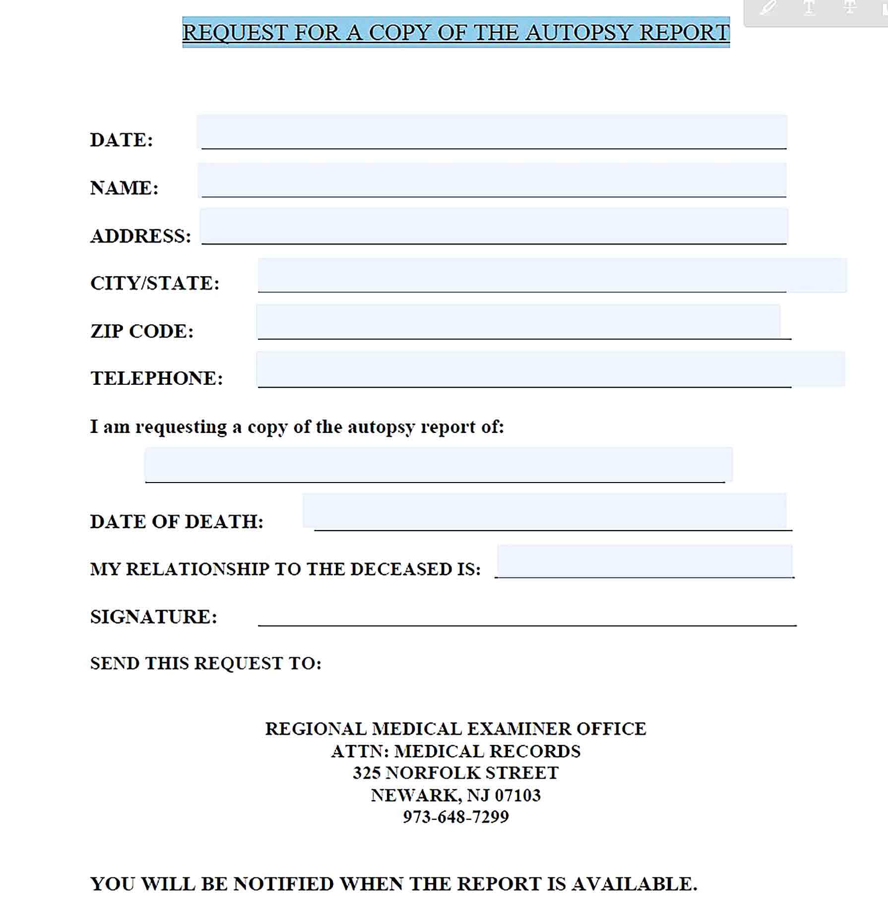 Sample Request for Autopsy Report Template