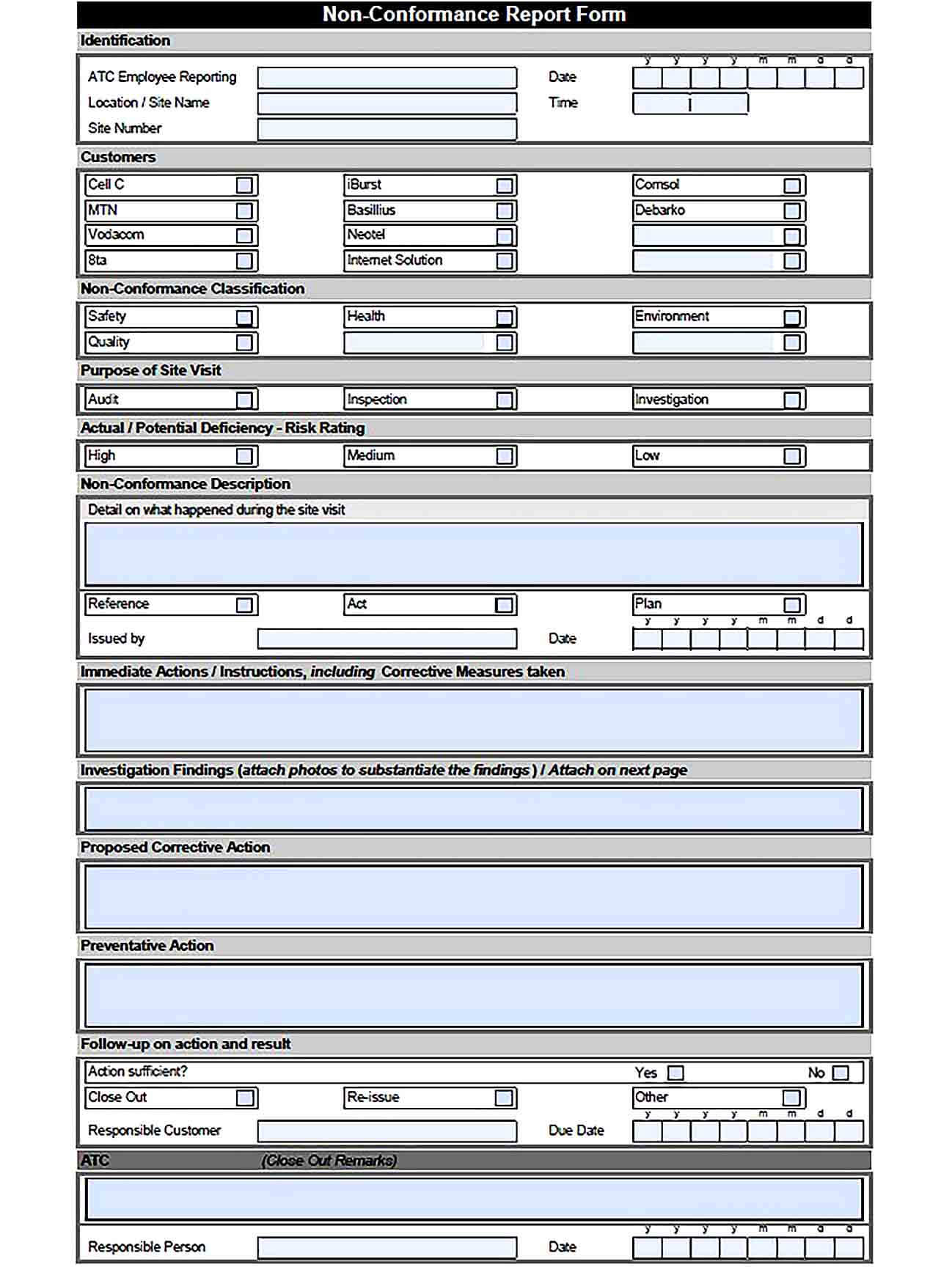 Sample Safety Non Conformance Report Template