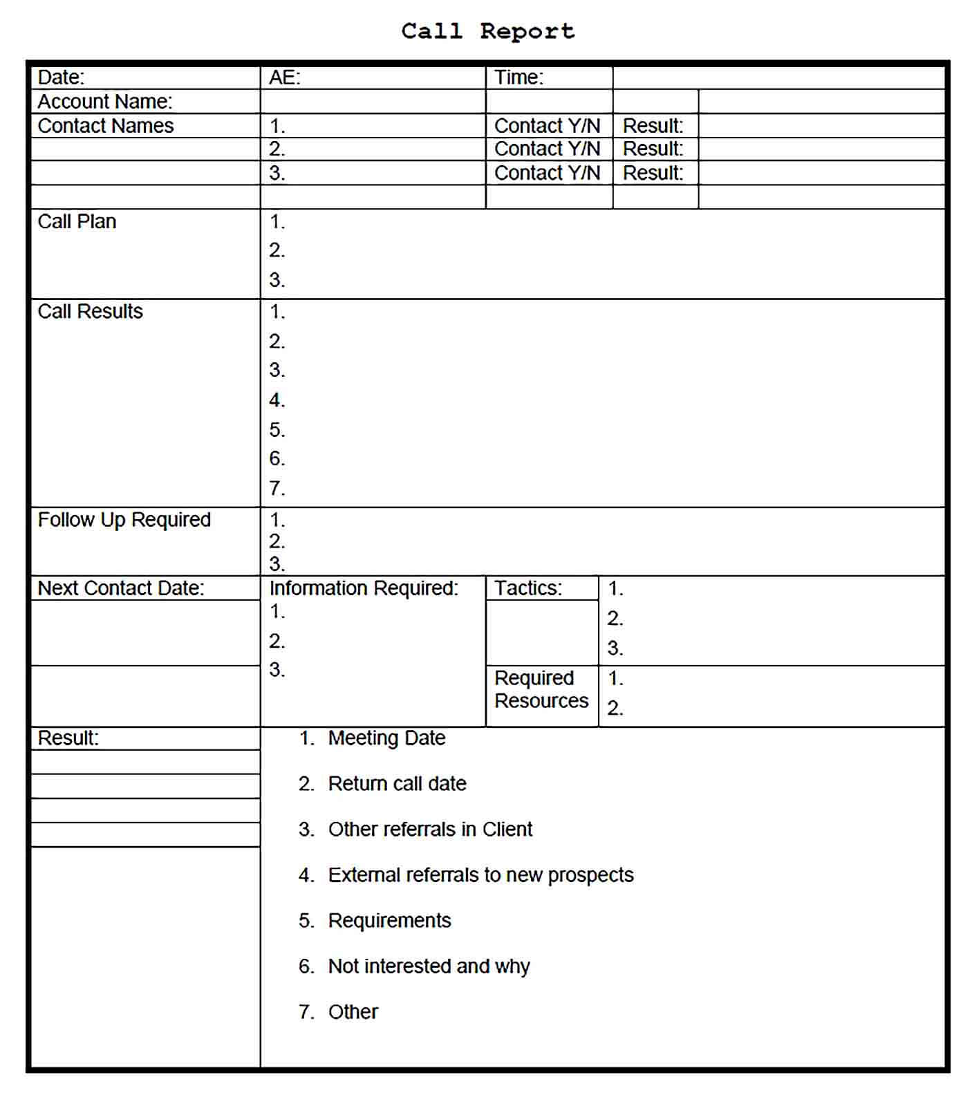 Sample Sales Call Report Form Template