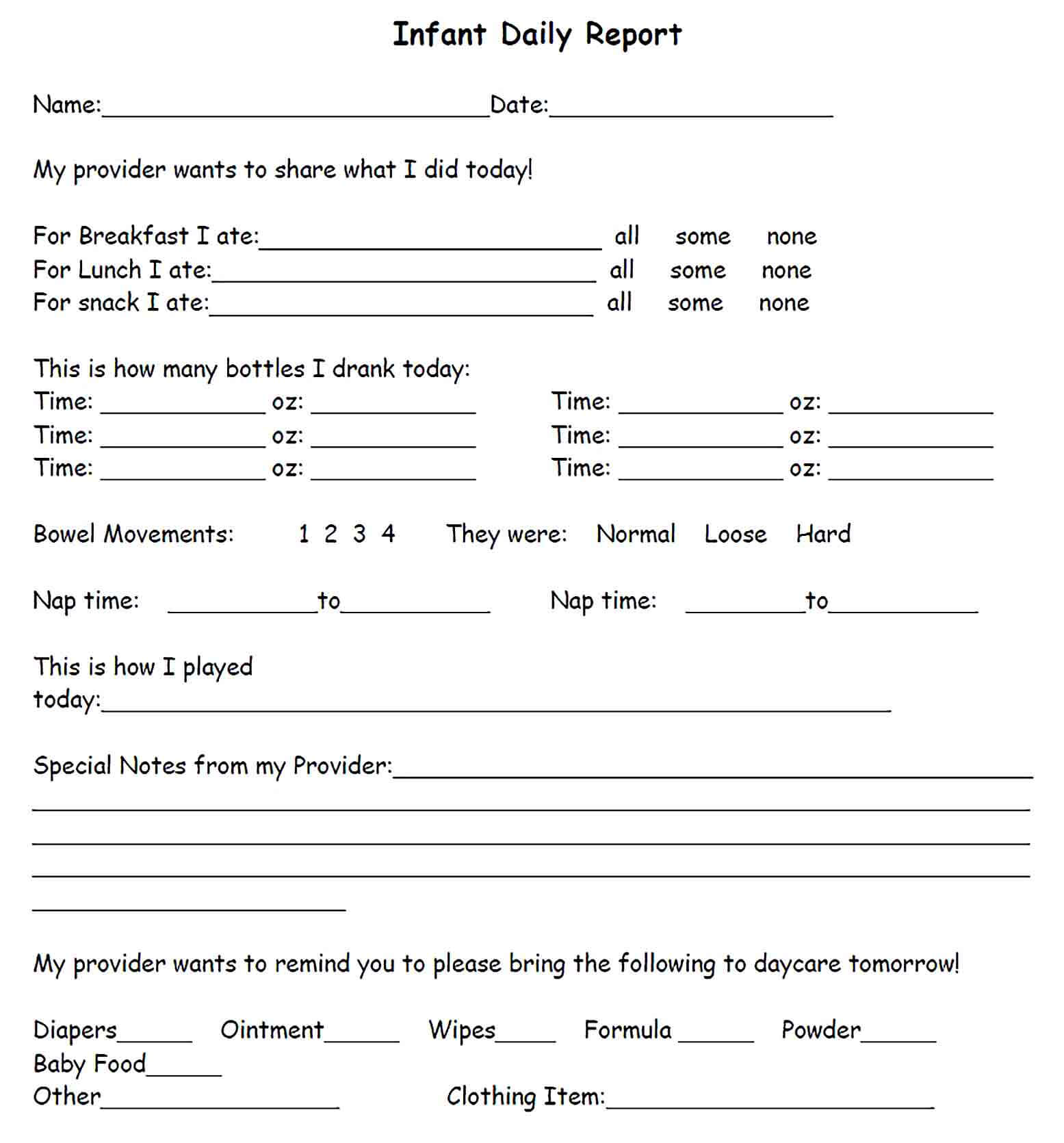Sample Sample Infant Daily Report Template