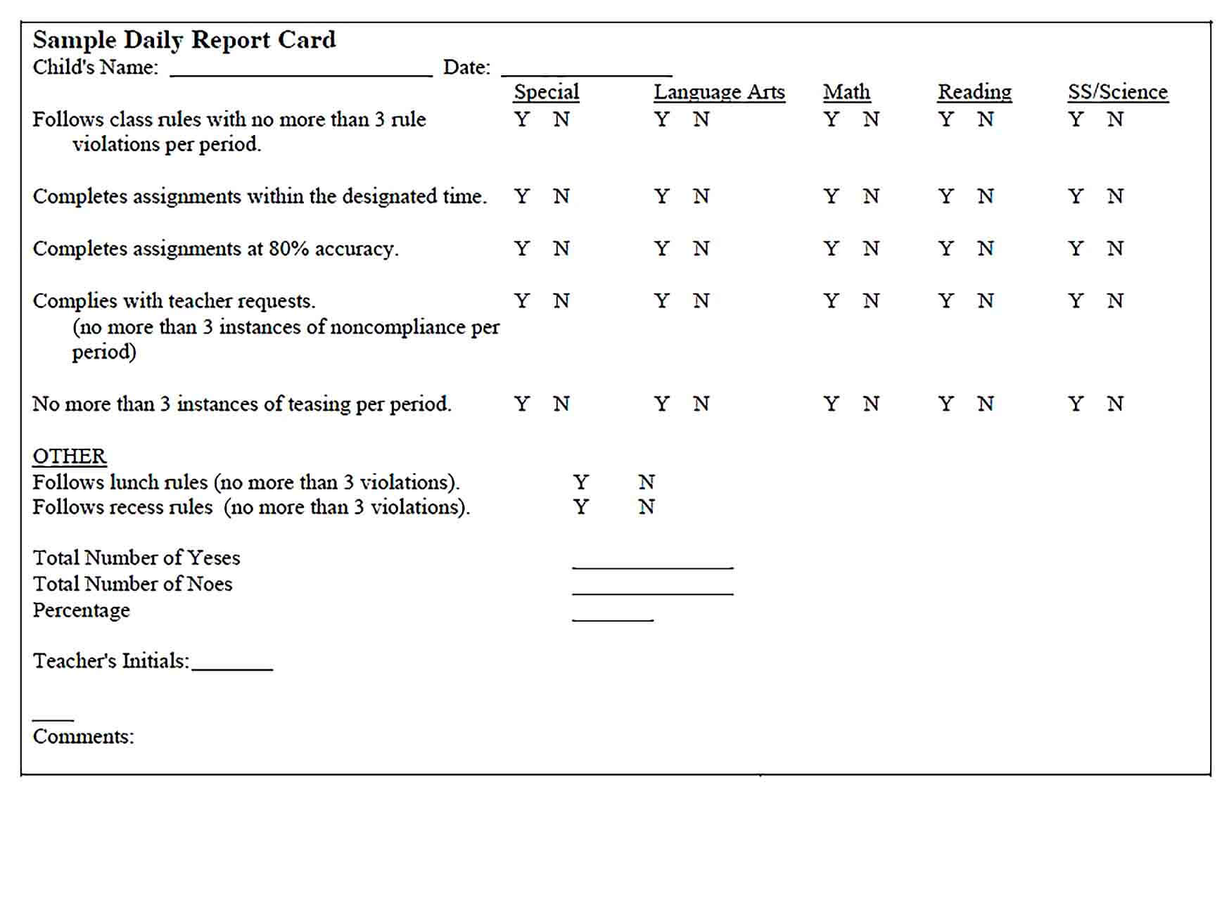 Sample School Daily Behavior Report Card Template PDF Printable
