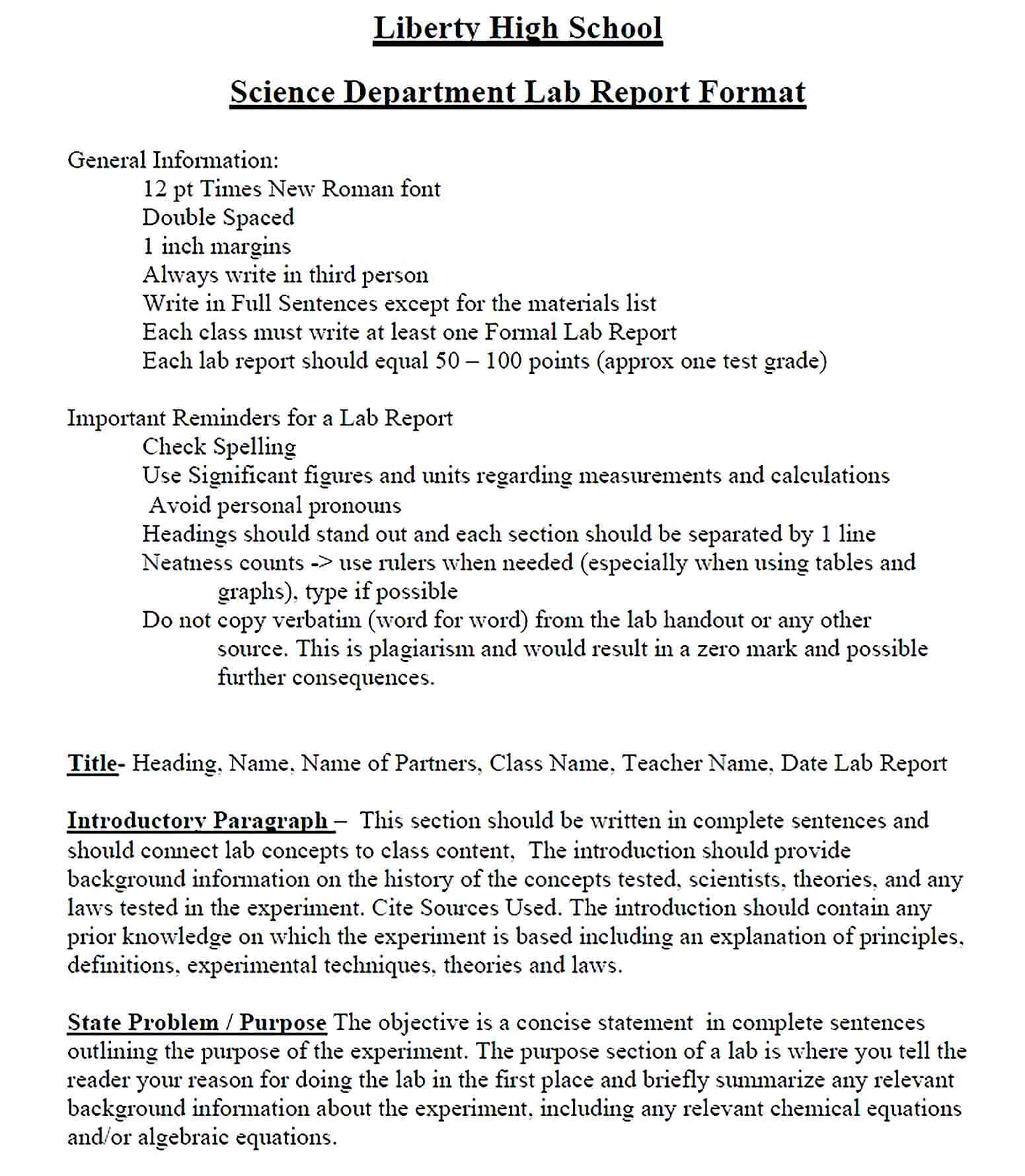 Sample Science Department Lab Report Format
