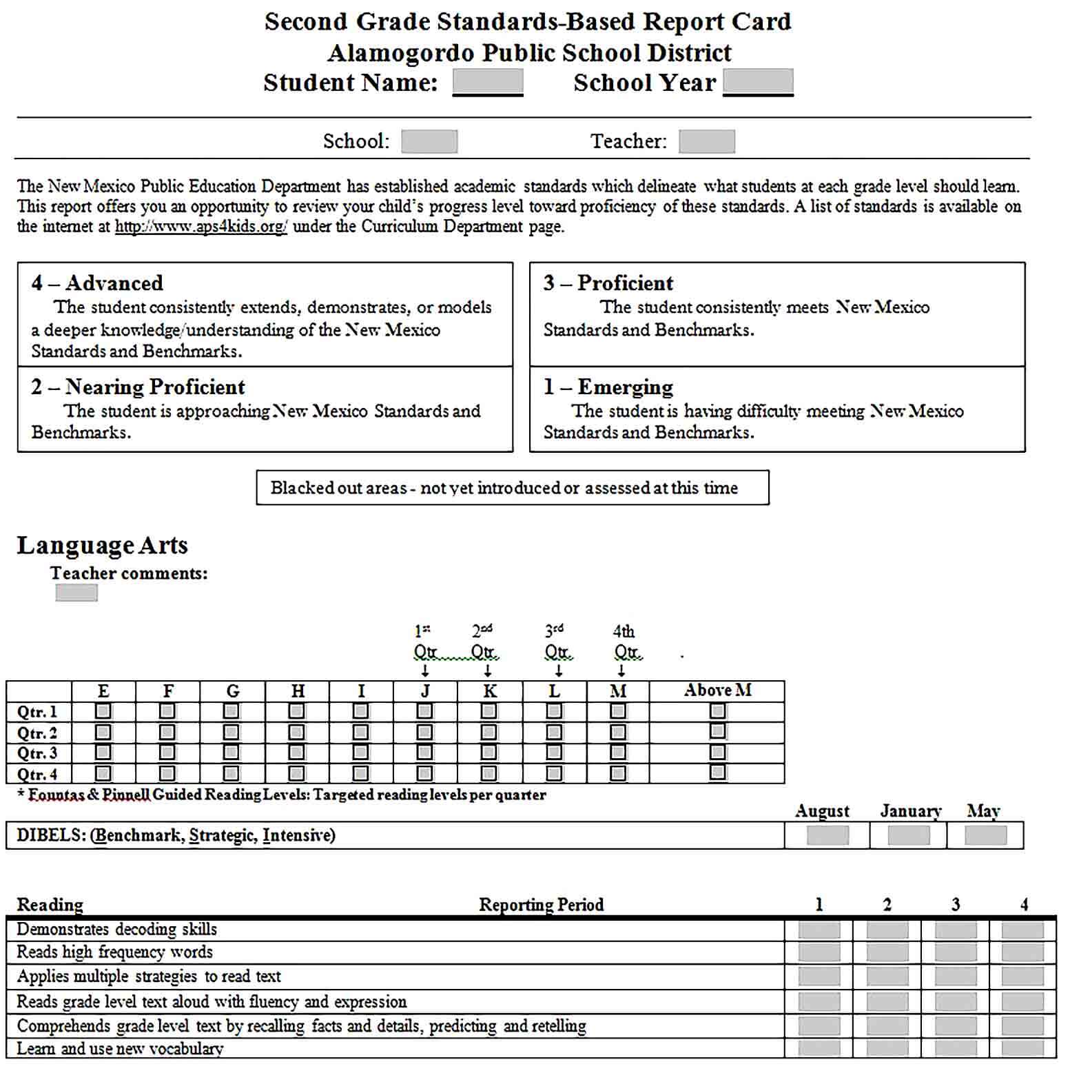 Sample Second Grade Standards Based Report Card Template