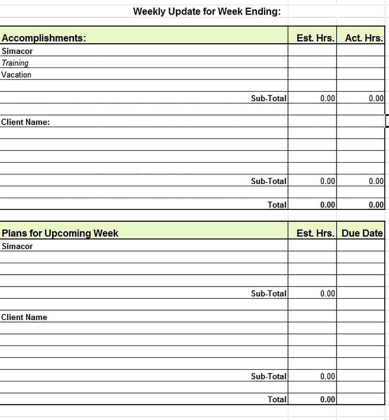 Sample Weekly Excel Report Template
