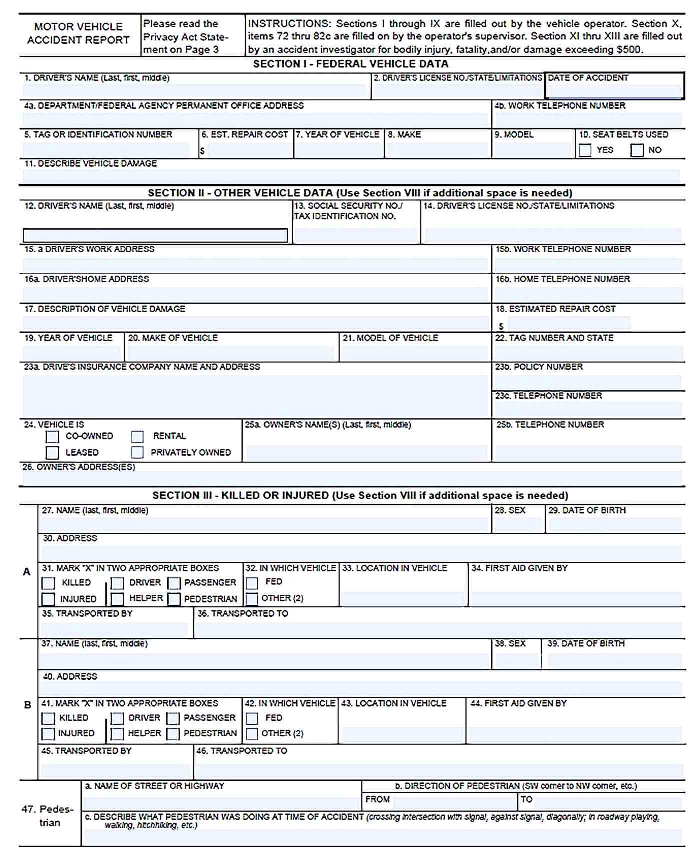 Sample car accident report template