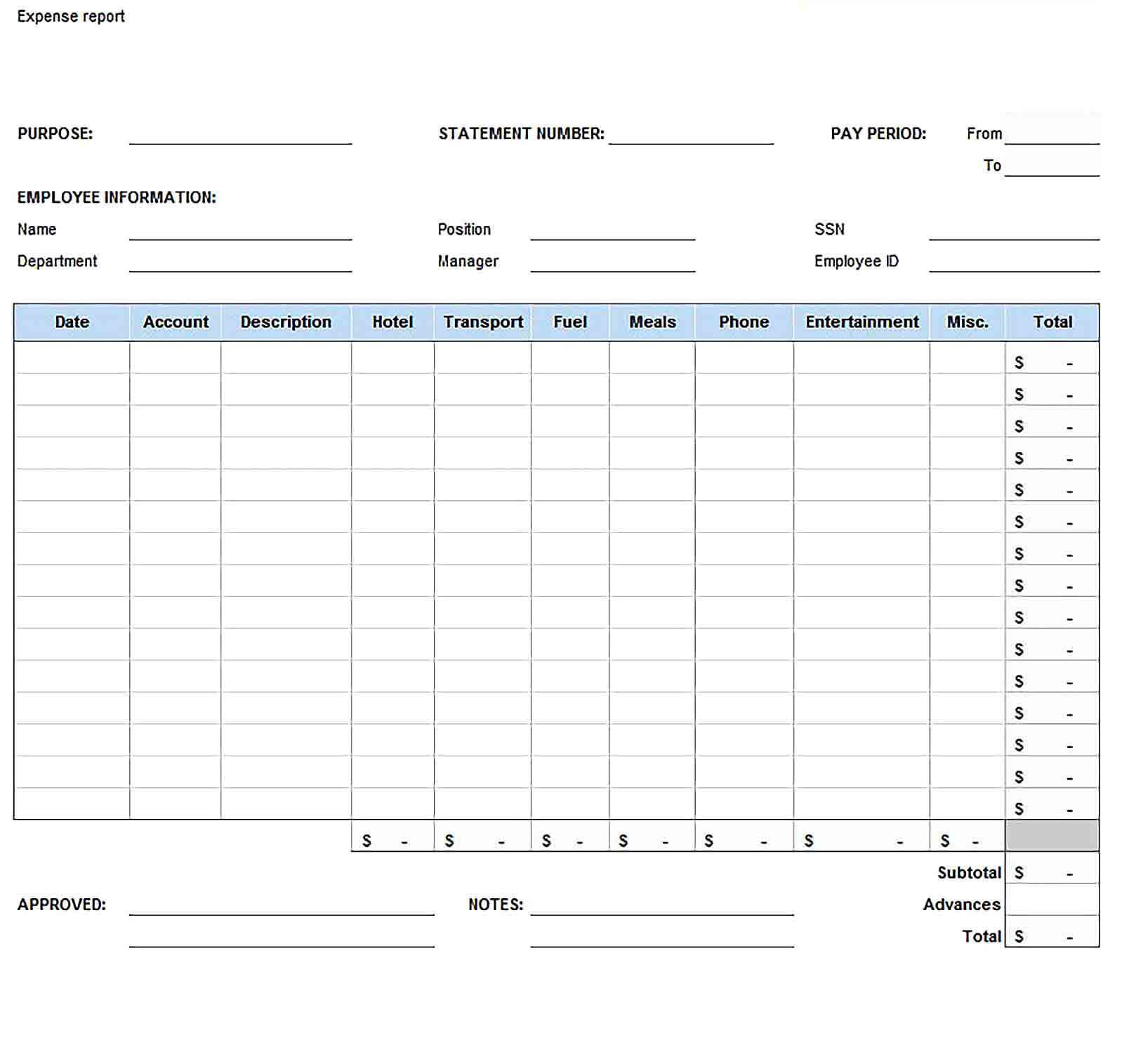 Sample expense report template excel