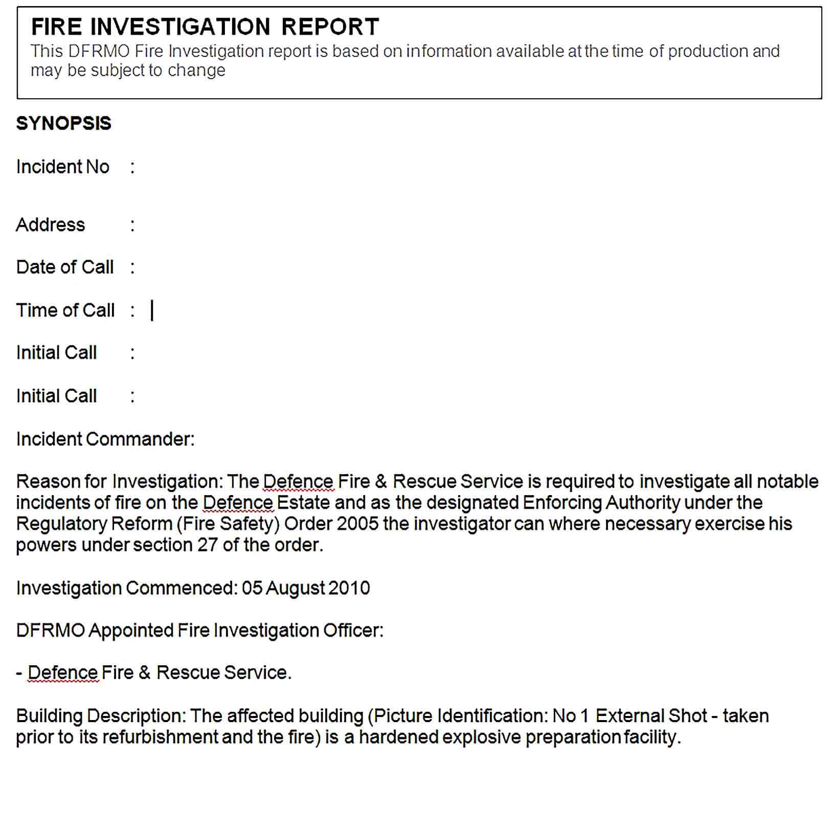 Sample fire investigation report