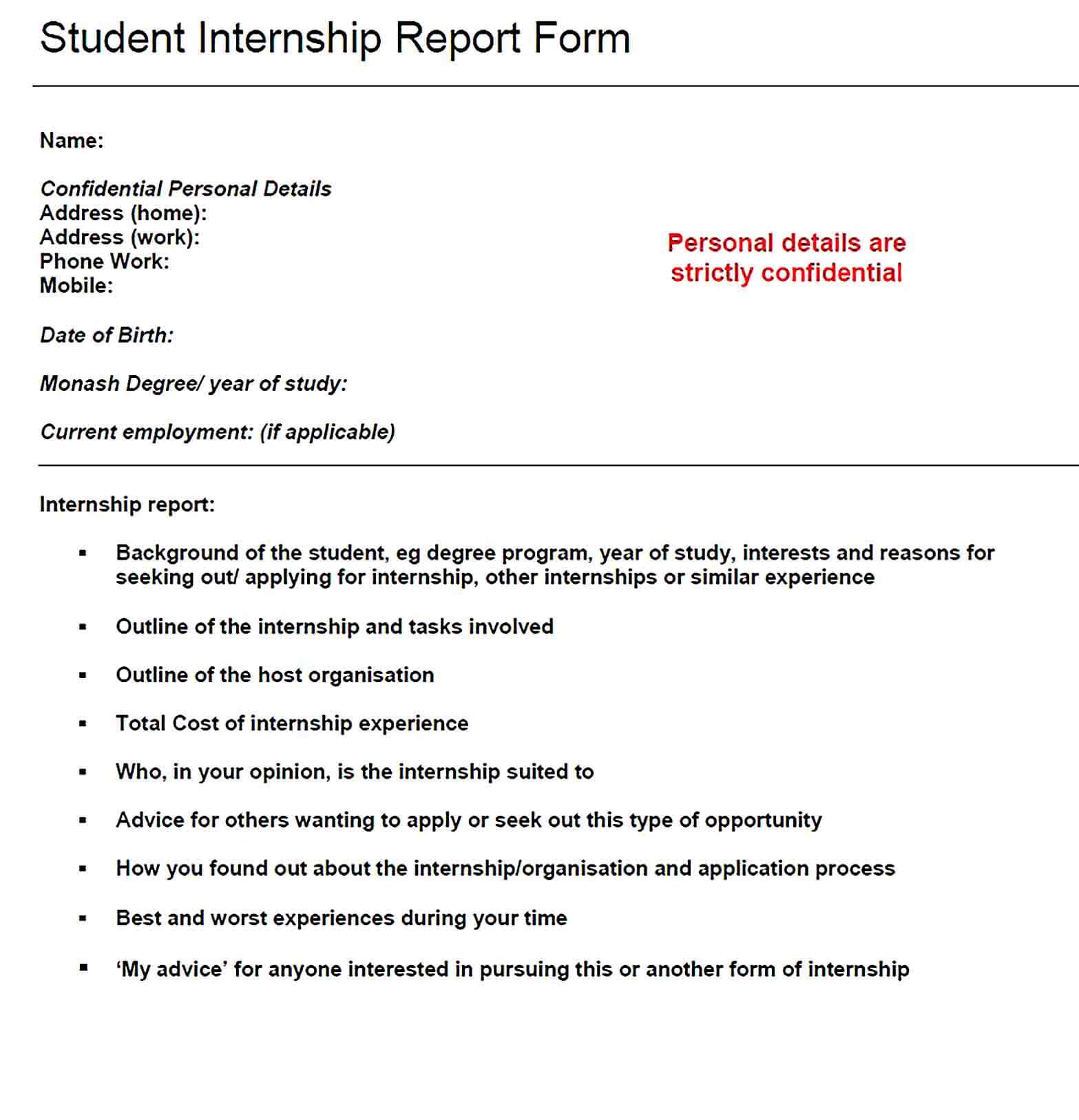 Student Internship Report Form