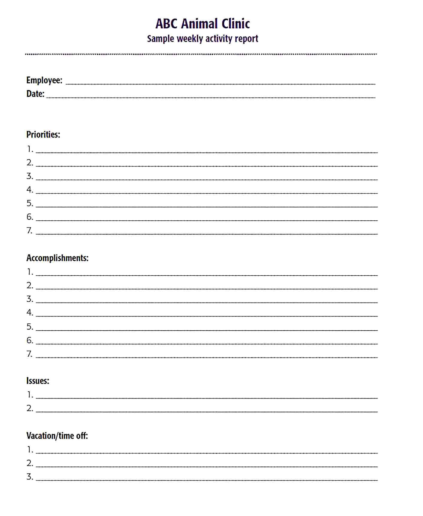 Sample Blank Weekly Activity Report Template