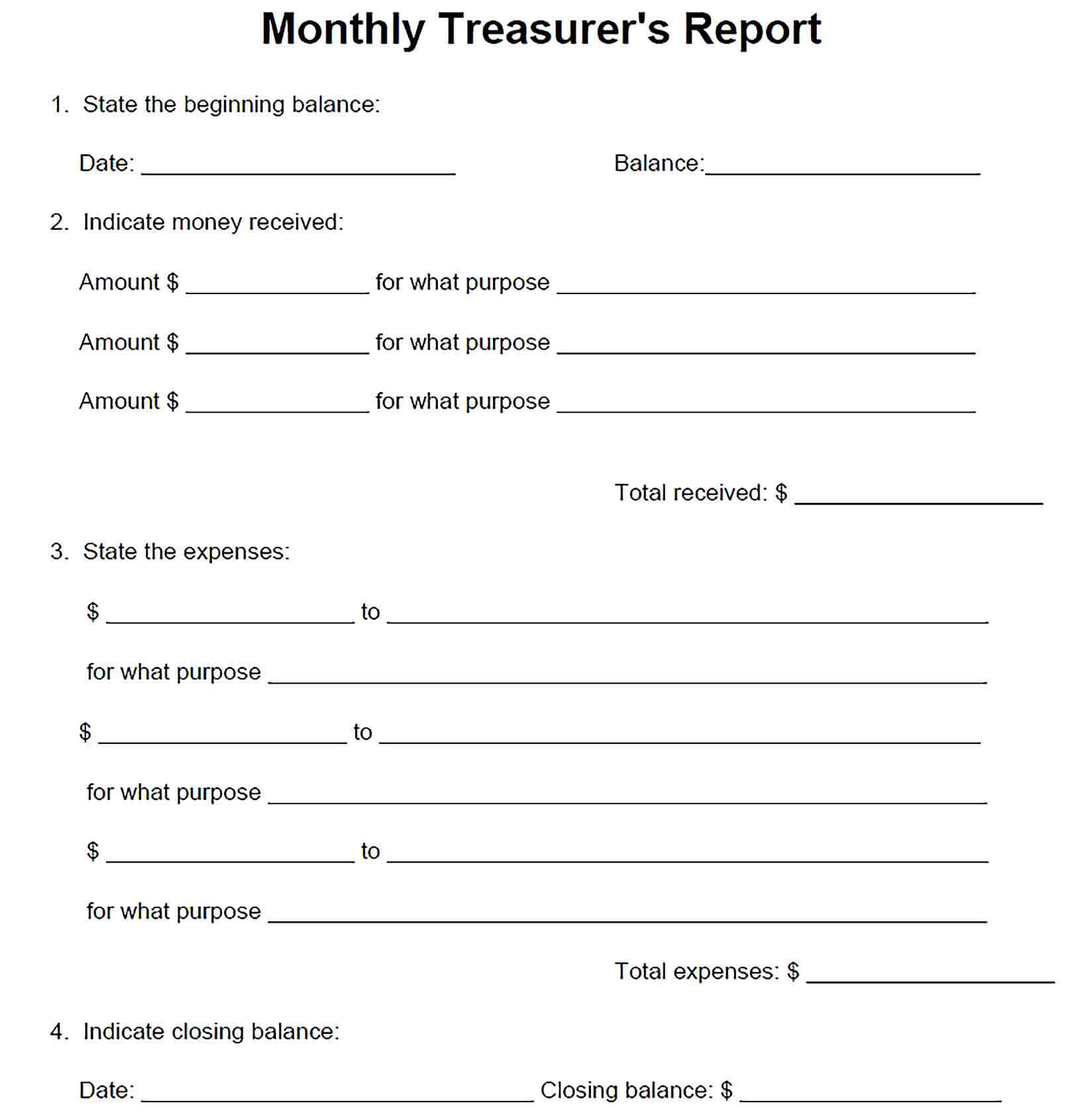 Sample Clubs Monthly Treasurers Report PDF Template
