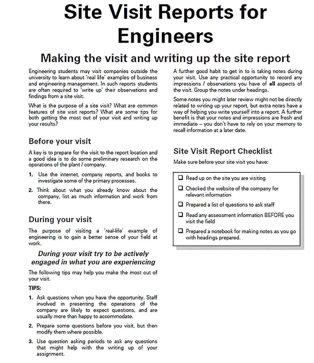 Sample Engineer Site Report