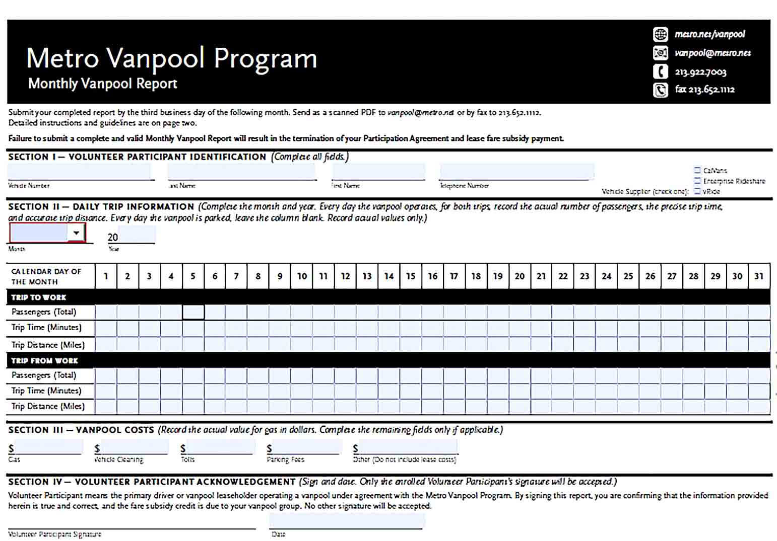 Sample Monthly Vanpool Report