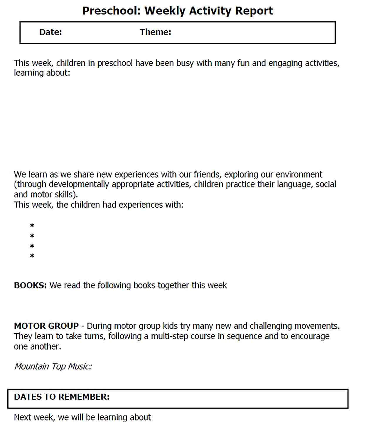 Sample Preschool Weekly Activity Report
