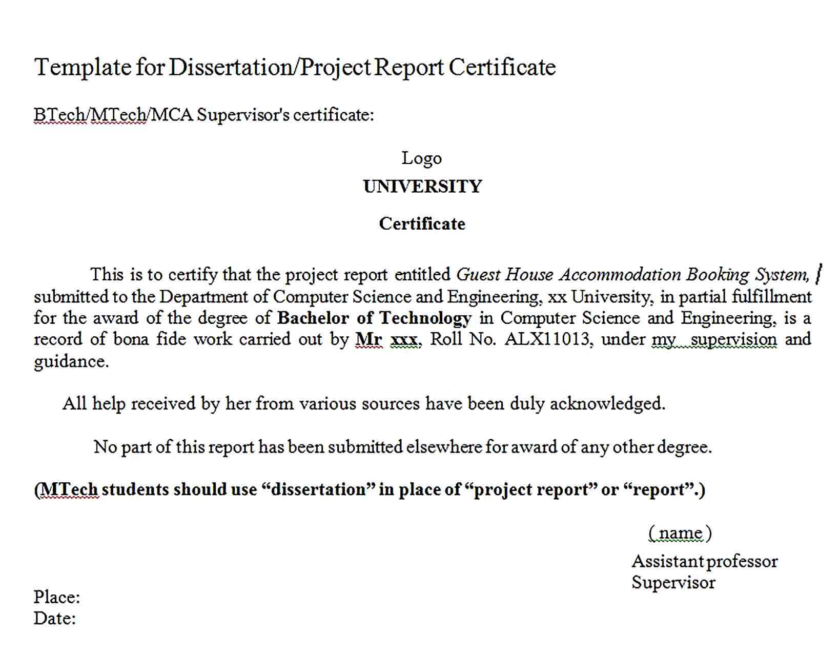 Sample Project Report Certificate Format