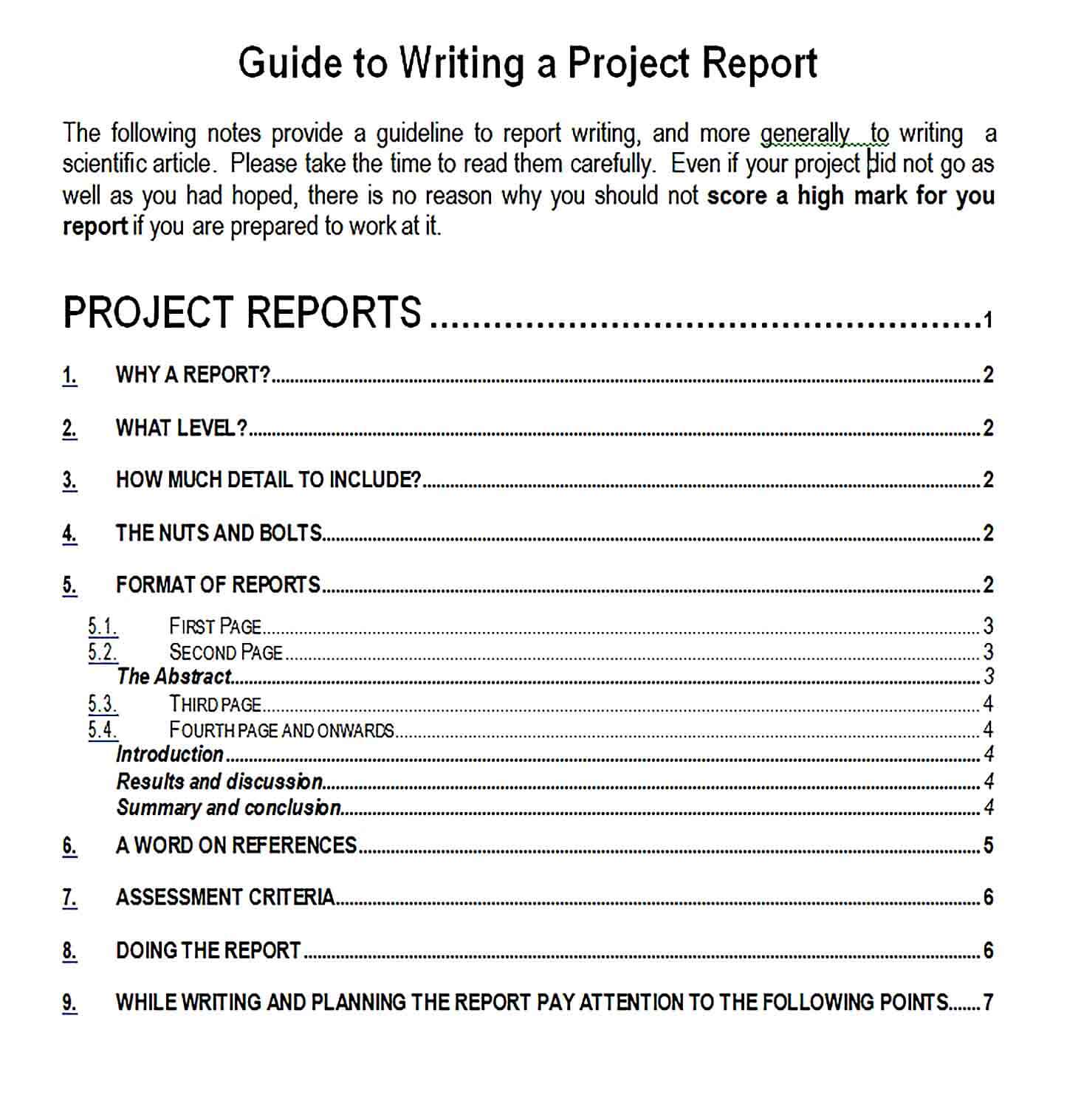 Sample Project Report Writing Format