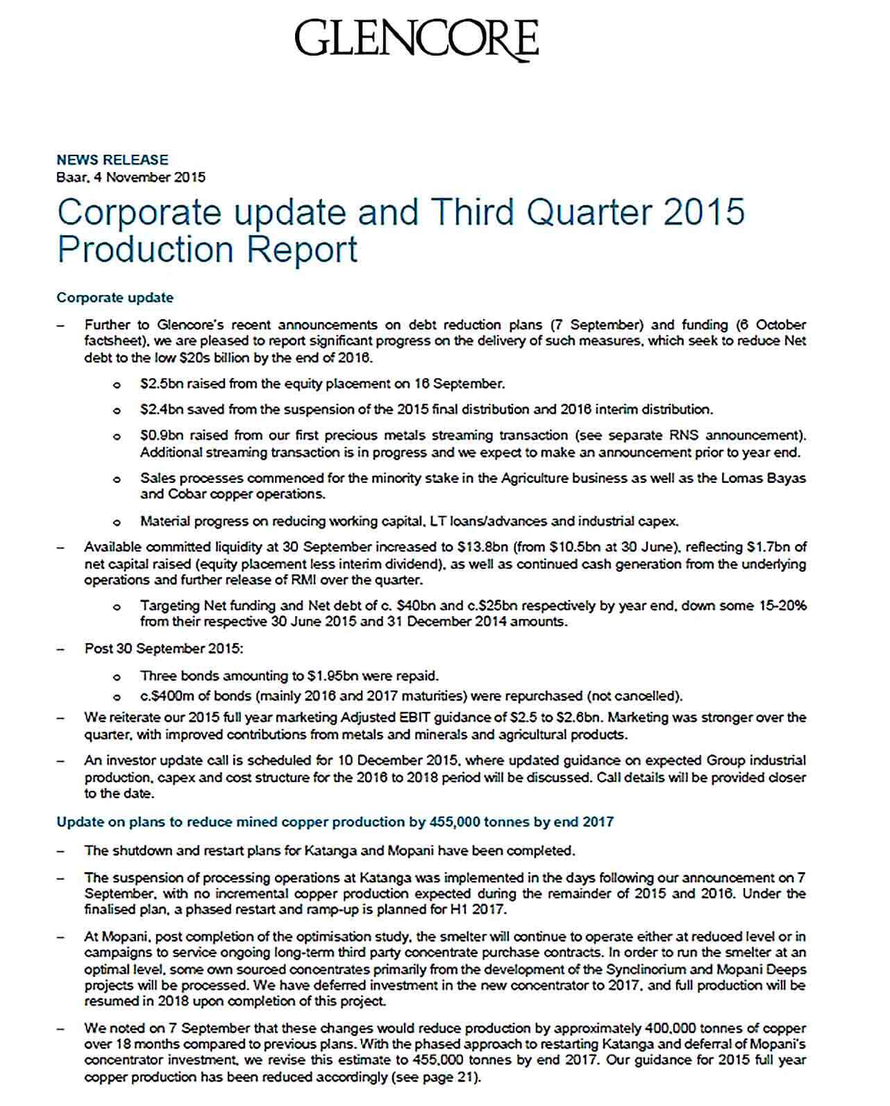 Sample Sample Glencore Production Report
