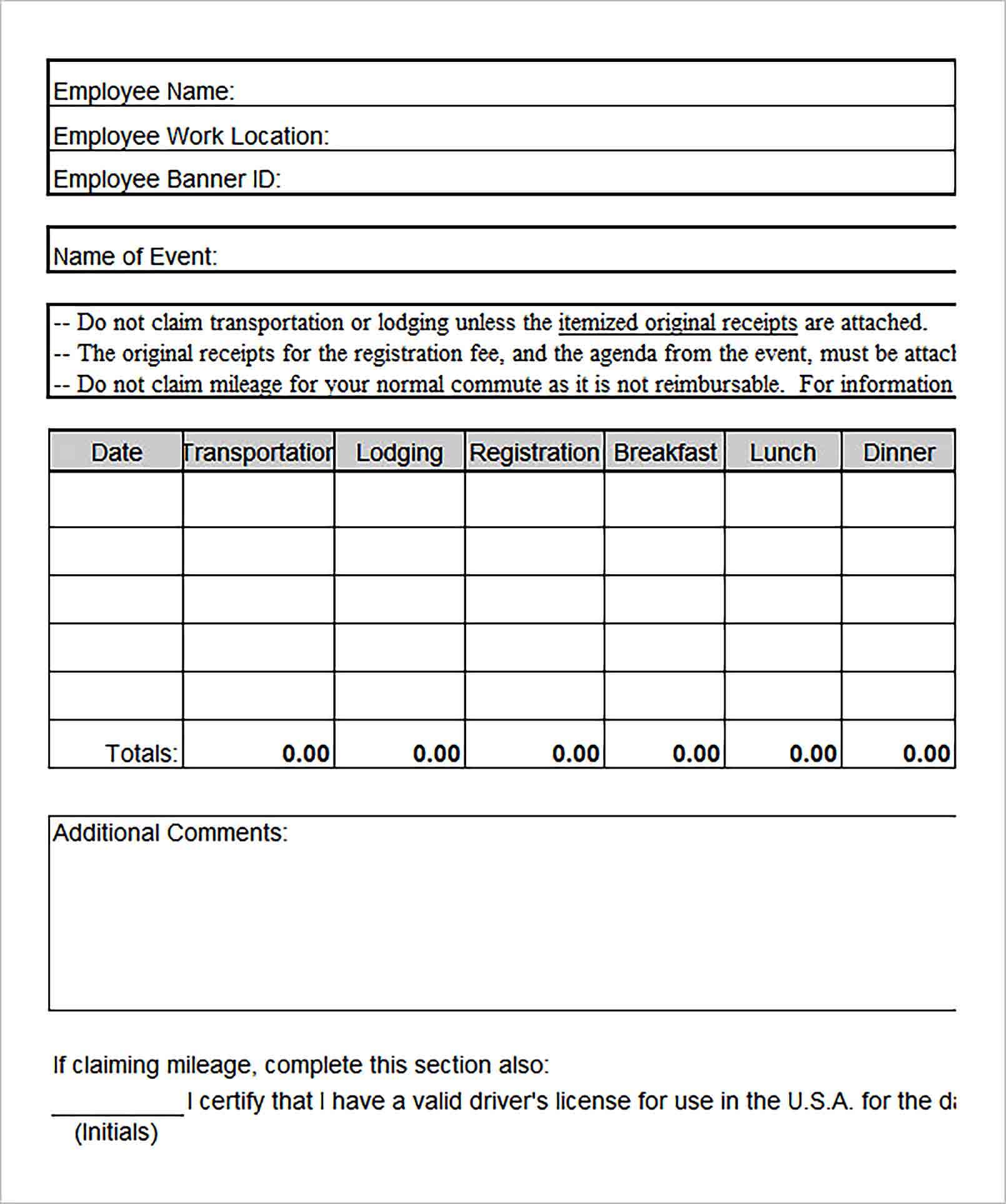 Sample Sample Travel Expence Report Template