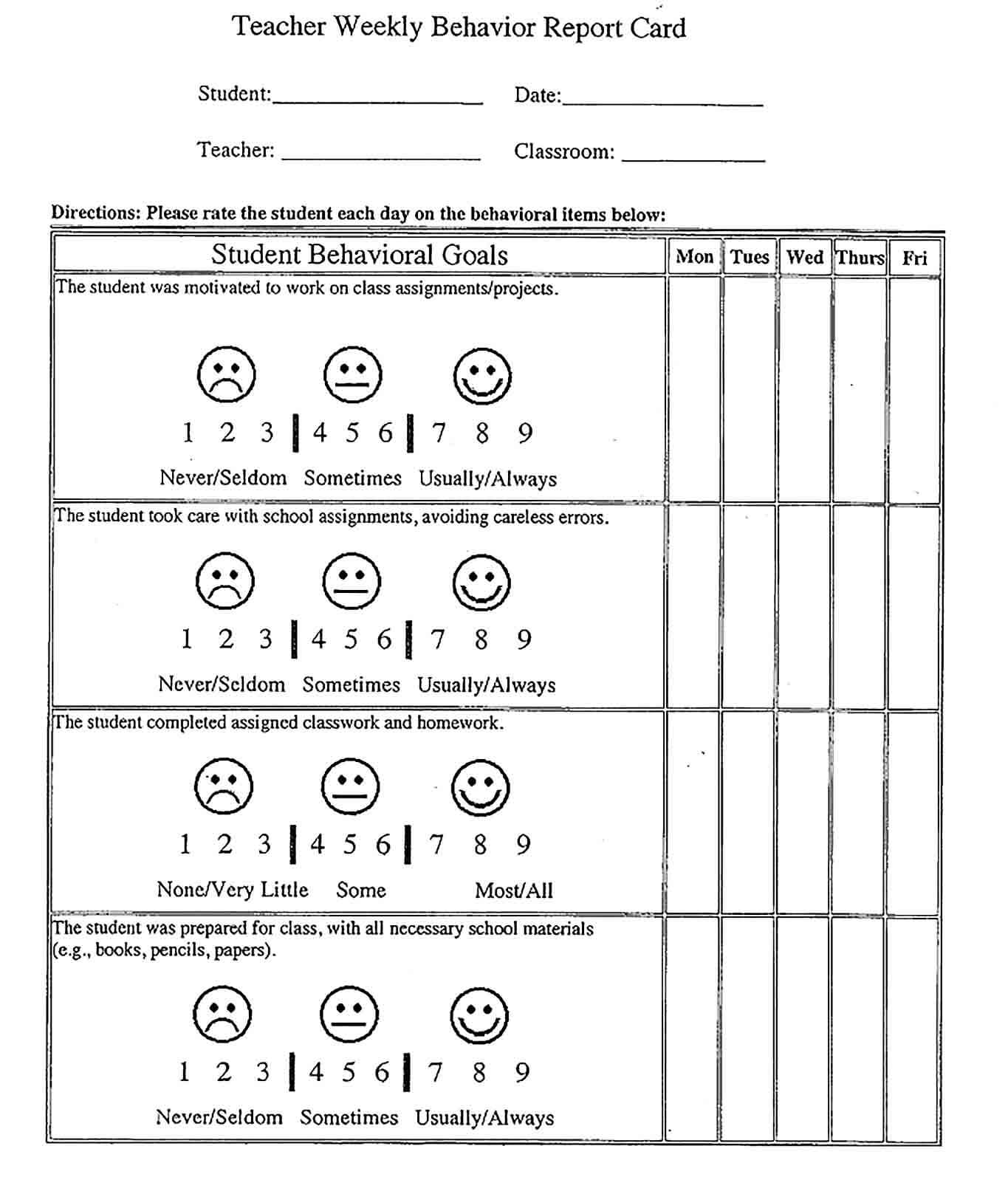 Sample Teacher Weekly Behavior Report