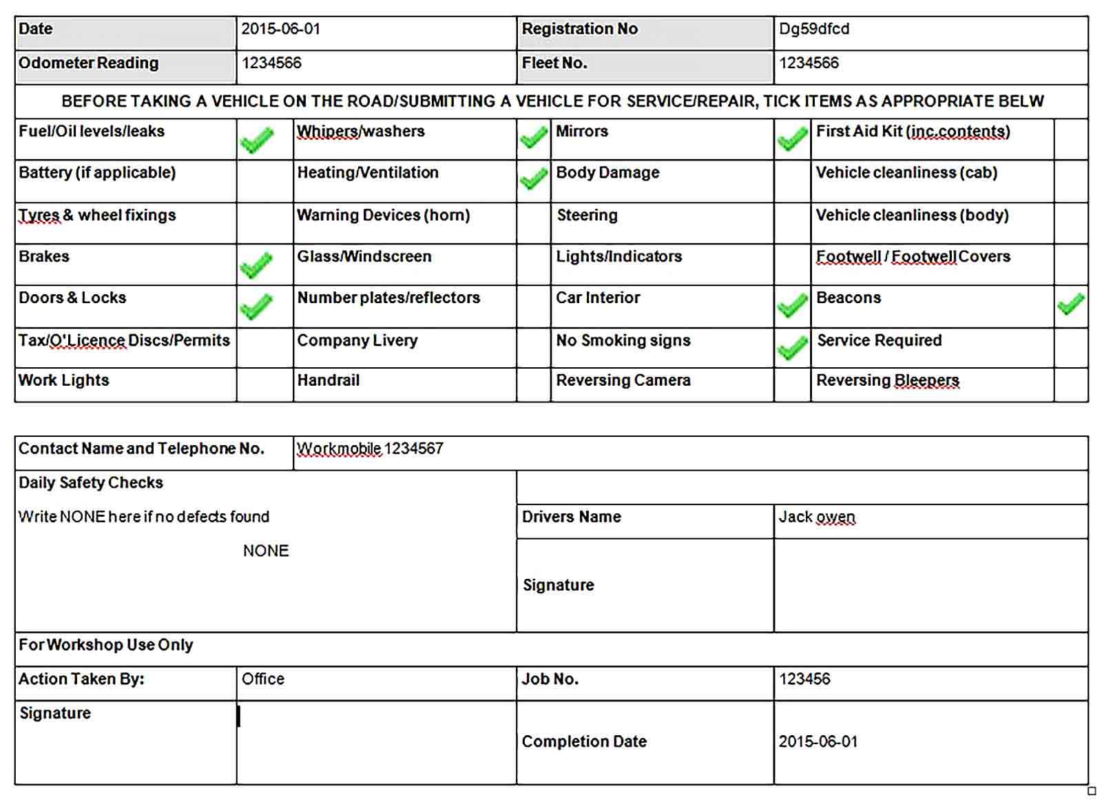Sample Vehicle Defect Report Template