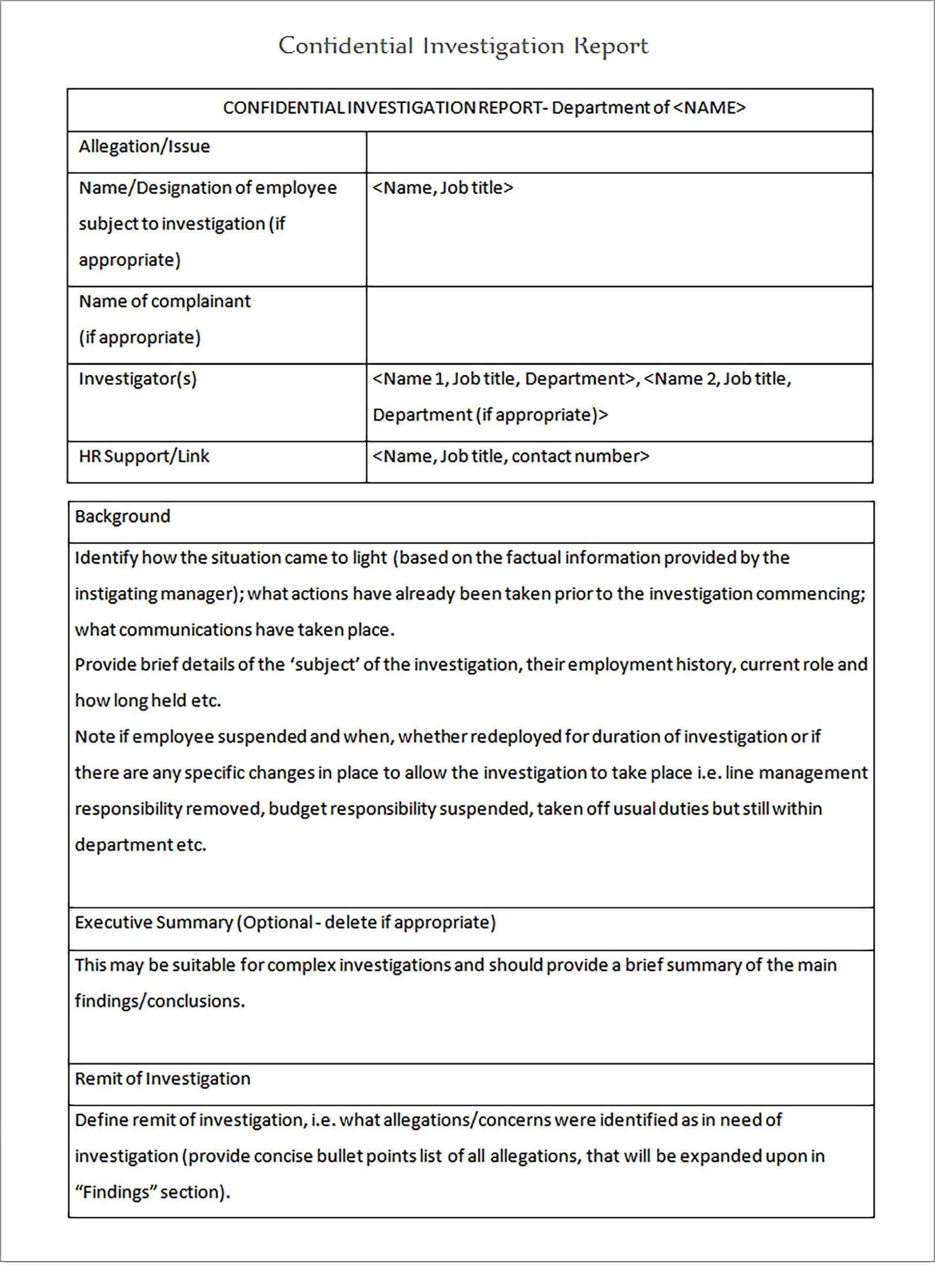 Sample Workplace Confidential Investigation Report Template