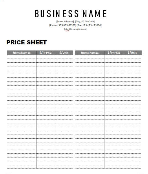 price sheet word template free