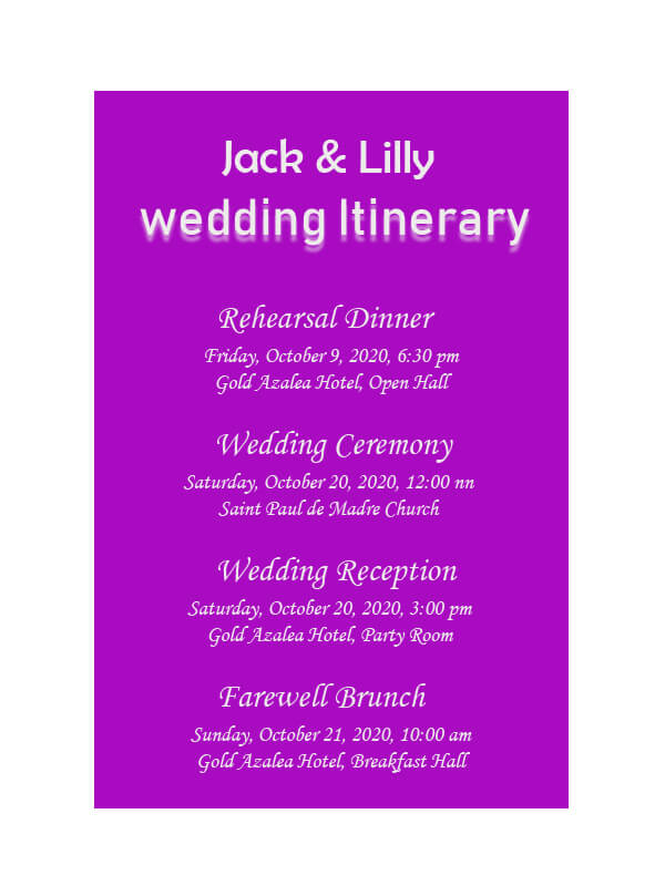 wedding itinerary psd templates