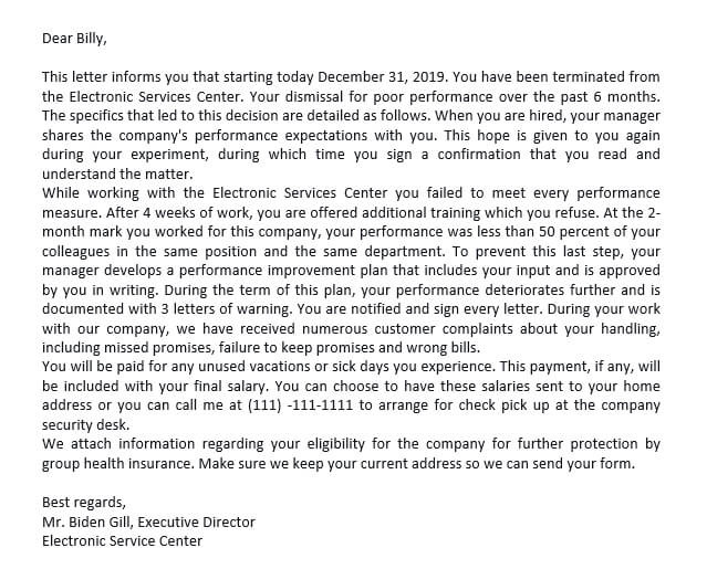Artikel 61. Termination Letter Due to Poor Performance