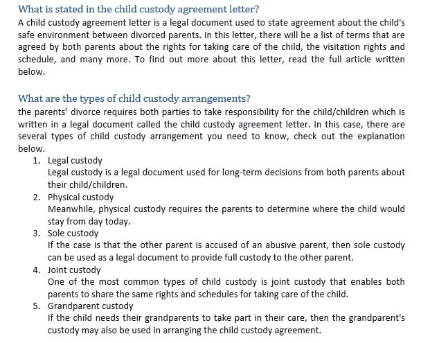 139 What is stated in the child custody agreement letter